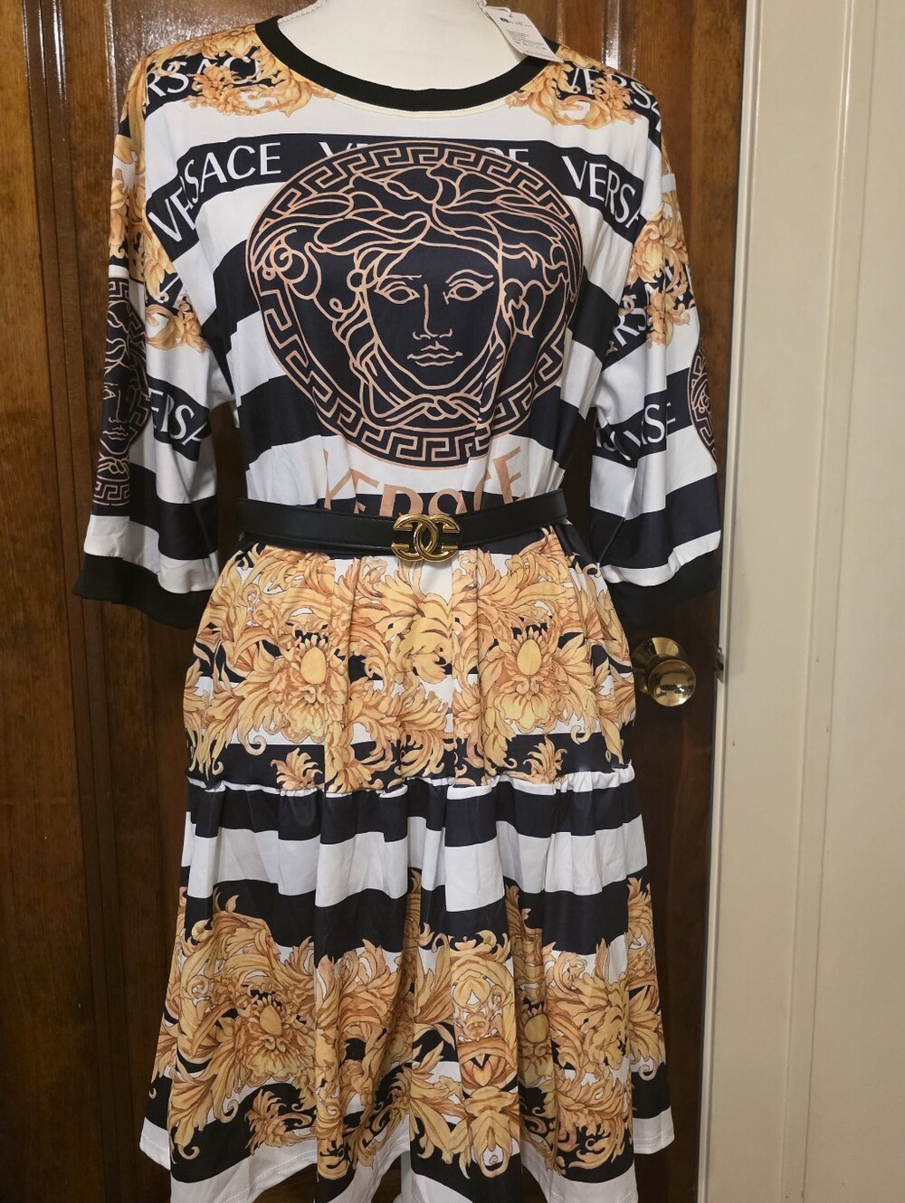 Thailand Dress Black & White Striped Medusa Print Dress with Gold Baroque